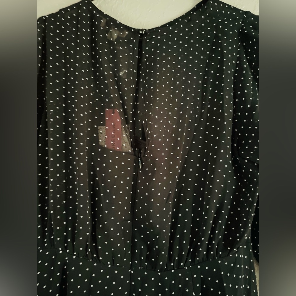 Black Polka Dot Midi Dress - Elegant Gathered Side Detail - Picture 2 of 7